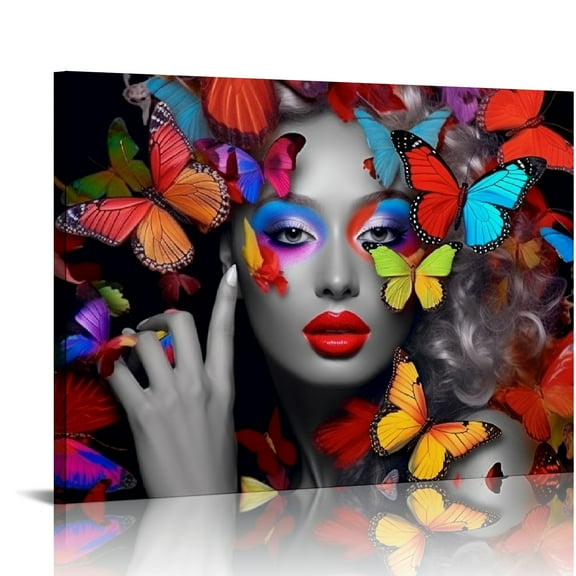 JEUXUS African American Wall Art Bright Woman Girl Bedroom Artwork Beauty Black Woman with Butterfly Painting Pictures Prints 20x16in
