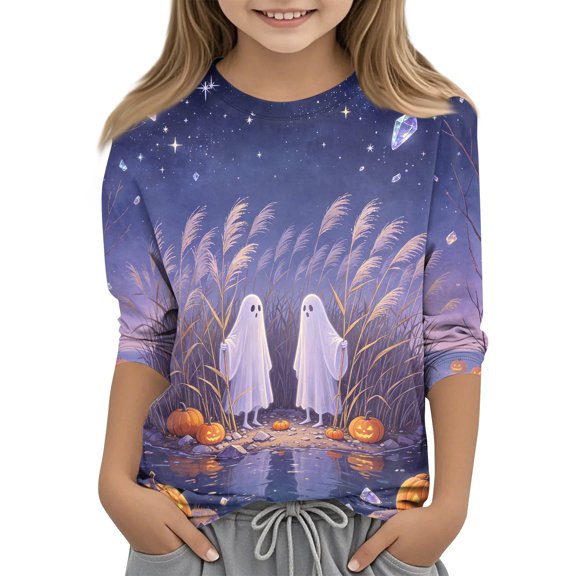 Abcomgle Halloween T-Shirts for Girls Spooky Ghost Pumpkin Graphic Tee Shirts for Girls Crewneck 3/4 Sleeve T-Shirts for Girls Fall Funny Cute Blouses for Girls