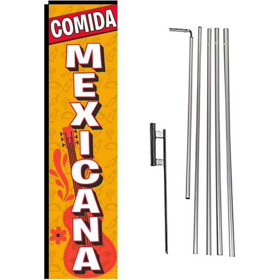 Comida Mexicana Swooper Rectangle Flag for Mexican Spanish Restaurant Advertising Banner Sign with Complete Kit Pole and Ground Stake