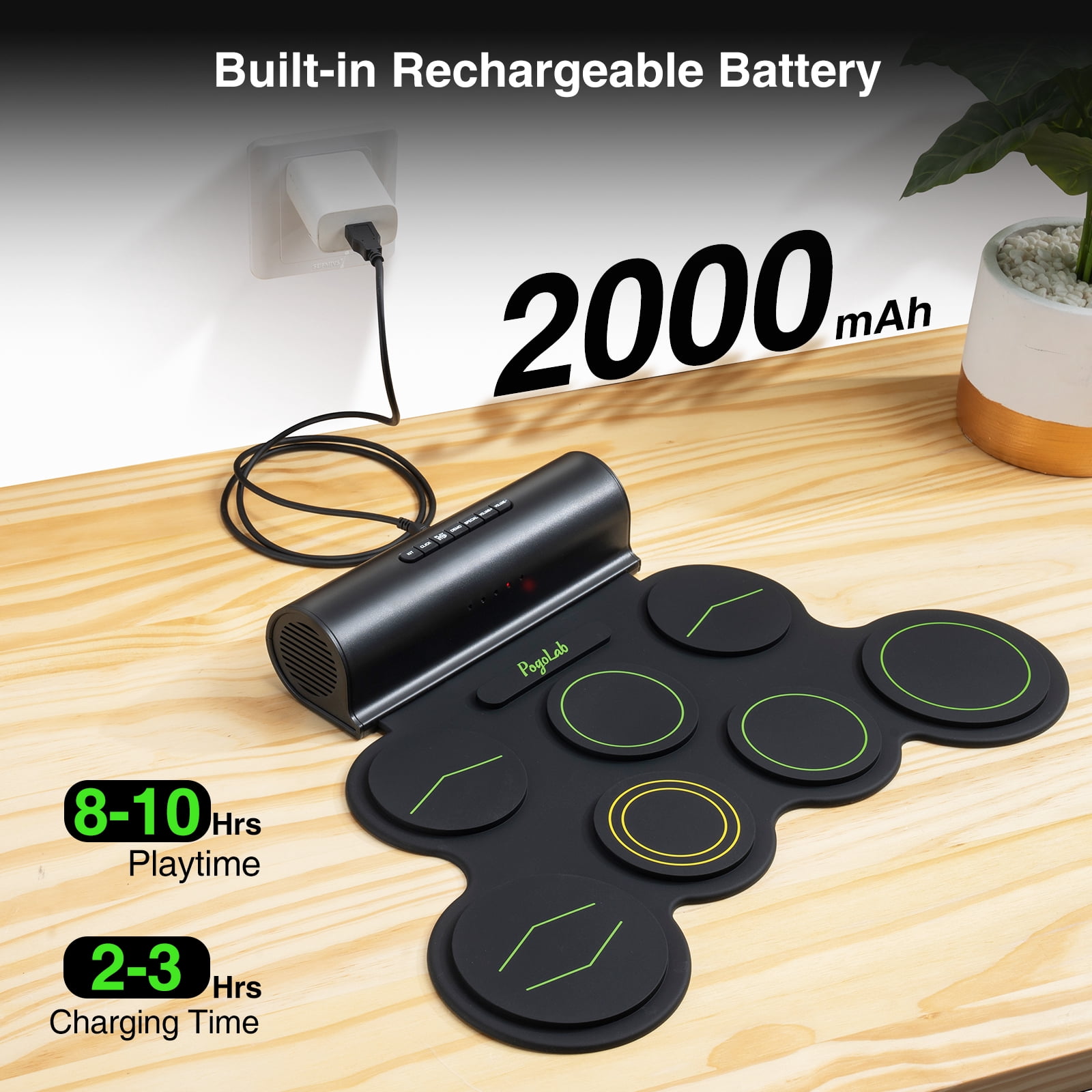 POGOLAB Electronic Drum Set, 7 Pads Roll Up Electric Drum Pad with Wireless Function, Portable Rechargeable Midi Drum Kit with Speaker/Pedals/Headphone Jack, Great Holiday Gift for Beginner