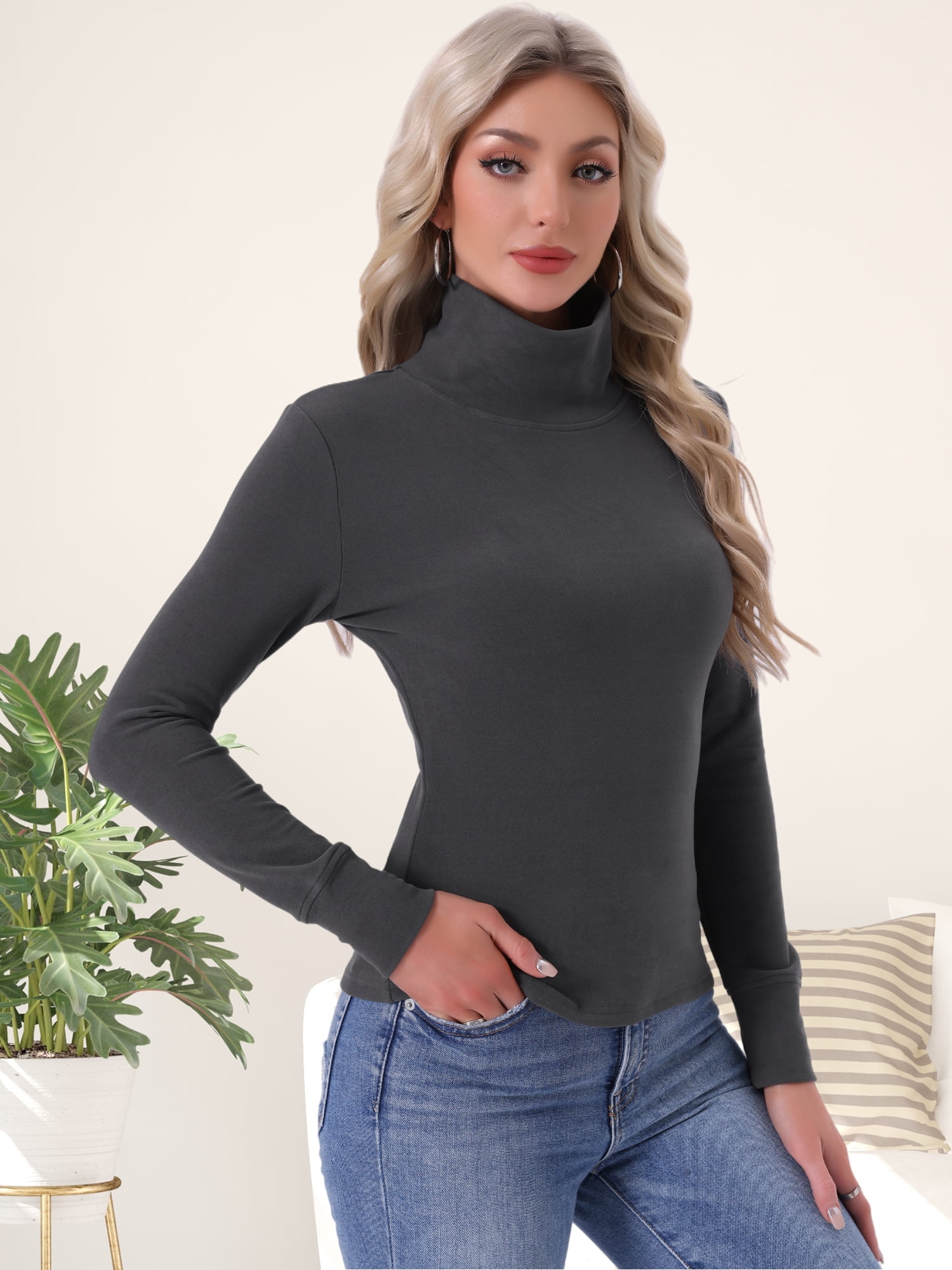 DARING DIVA Women's Mock Turtle Long Sleeve Shirts Fall Winter Warm Top S Gray
