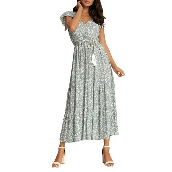 WISEFIN Women's Vocation Ruffled Short Sleeve Floral Print Fit & Flare Dresses