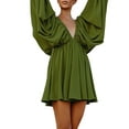 thumbnail image 3 of Franhais Womens Spring Autumn Short Dress Green Long Sleeve Deep V Neck Pleated A-line Backless Beachwear Sundress（S-L）, 3 of 9