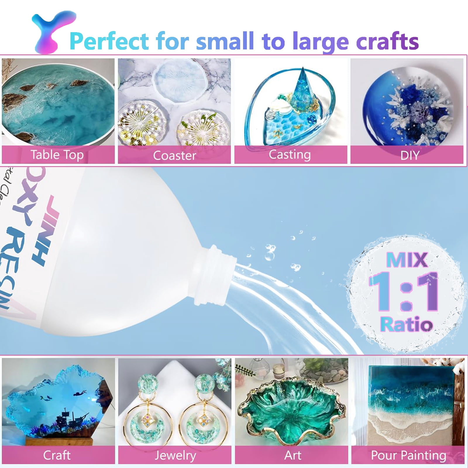 JINH Epoxy Resin 2 Gallon, Upgraded Crystal Clear Epoxy Kit UV Resistant No Bubble Self Leveling, 1 Gallon Resin and 1 Gallon Hardener Kit for DIY Art, Jewelry, Resin Art, Molds, Countertops