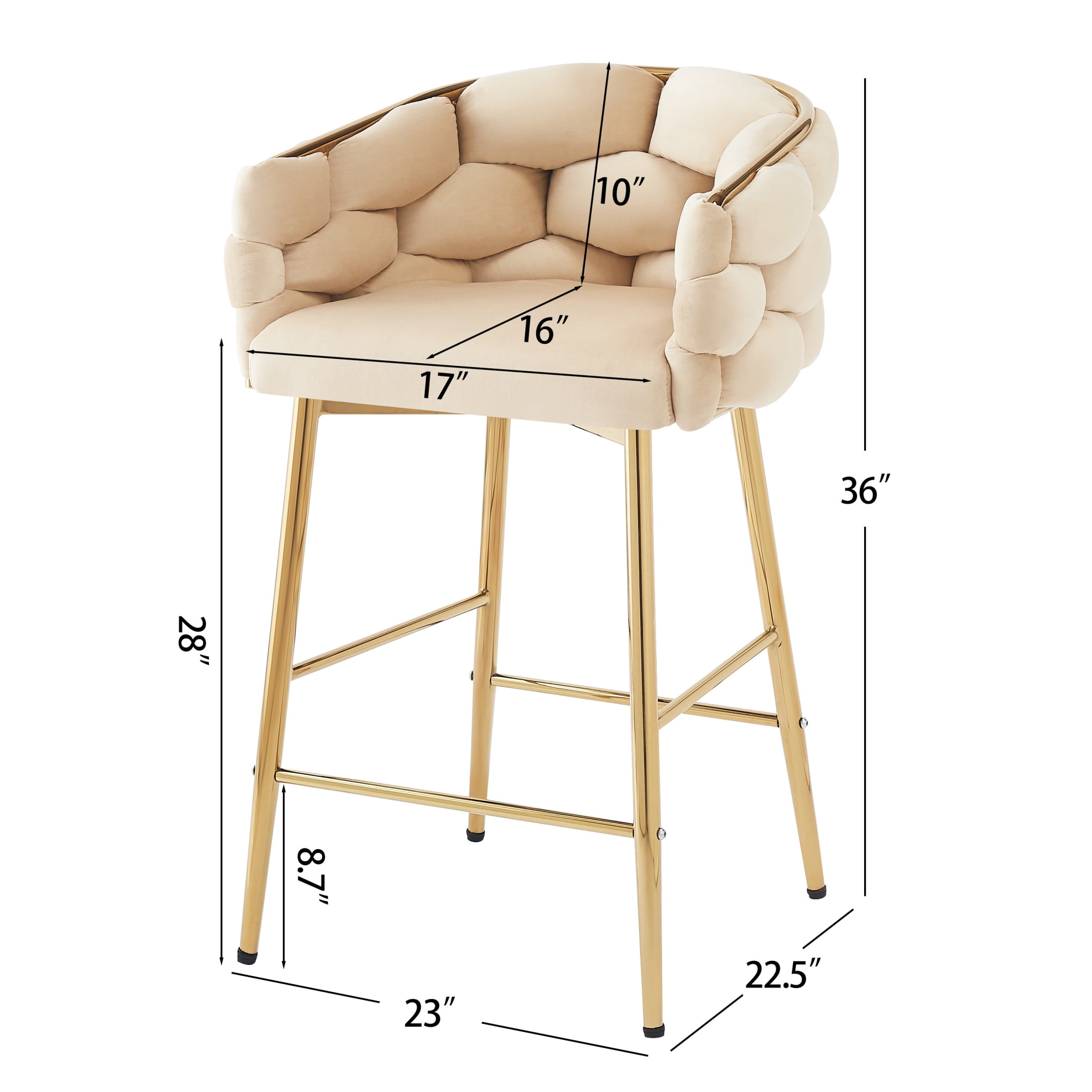 Nivora 28" Seat Height Modern Upholstered Flannelette Counter Stools, Metal Frame, Beige + Gold, Set of 2