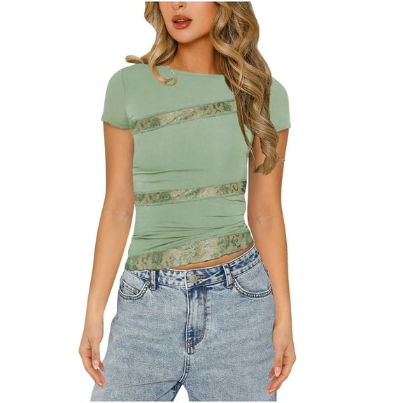 Fesfesfes Essentials Shirt Women's Solid Lace Patchwork Short Sleeved Round Neck T-shirt Women's Short Sleeved Round Neck Top/shirt T Shirts for Women M(US:6)