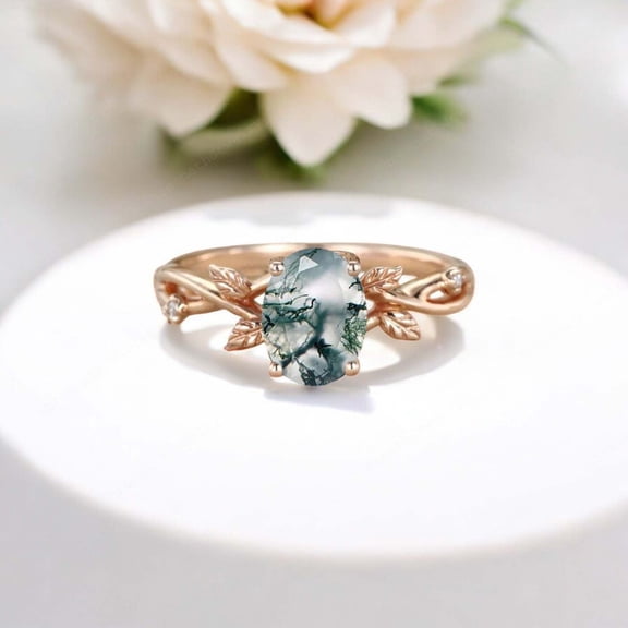 SHREENATHJEWELRY 8x6MM / 1.5CT Natural Moss Agate Engagement Ring CZ Diamond Alternative Fine Jewelry Nature Inspired Gold Ring Birthday Gift For Daughter