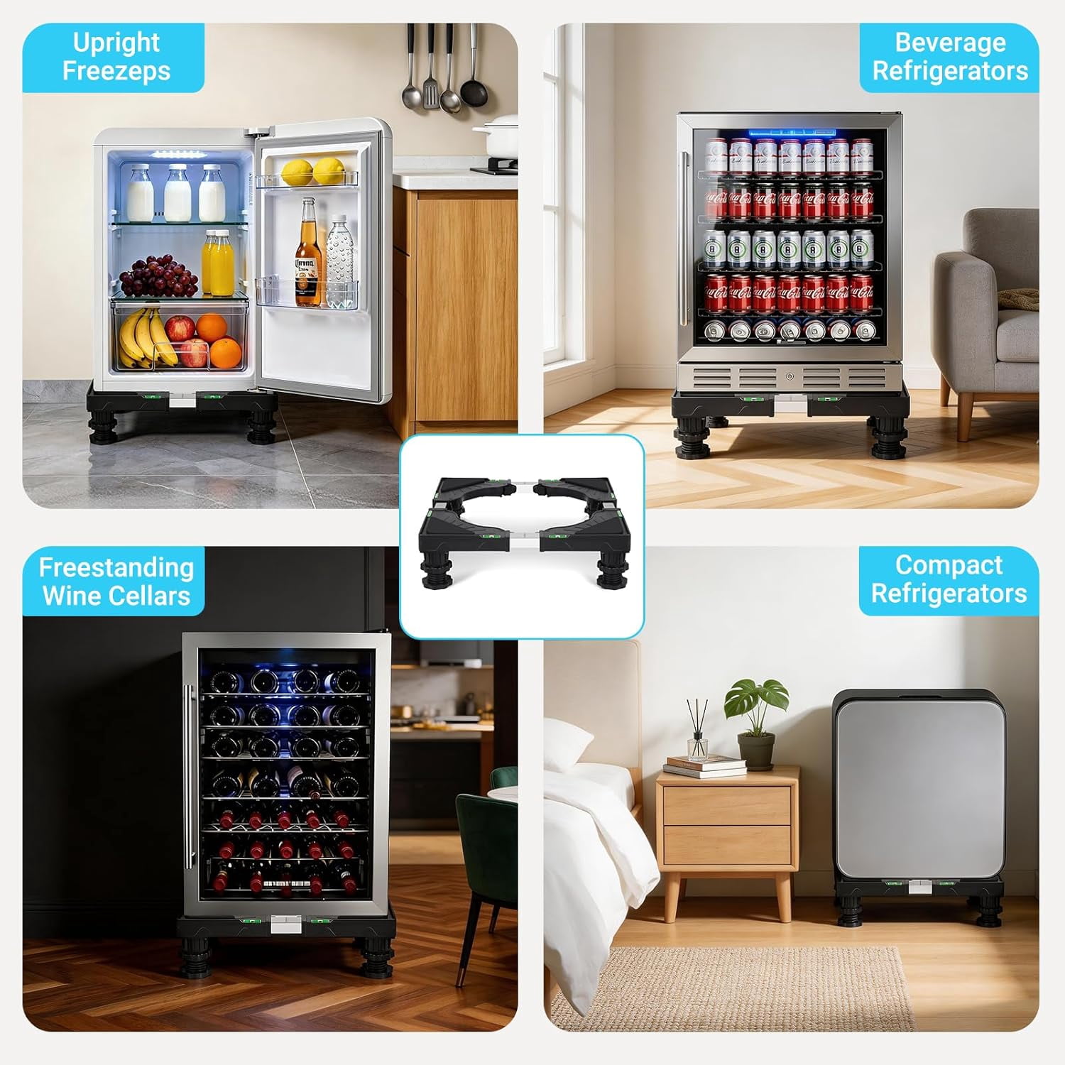 Mini Fridge Stand Universal Raised Base Adjustable Refrigerator Stands with 4 Strong Feet Washing Machine Pedestal Multi-Functional Bases for Dryer (Black)