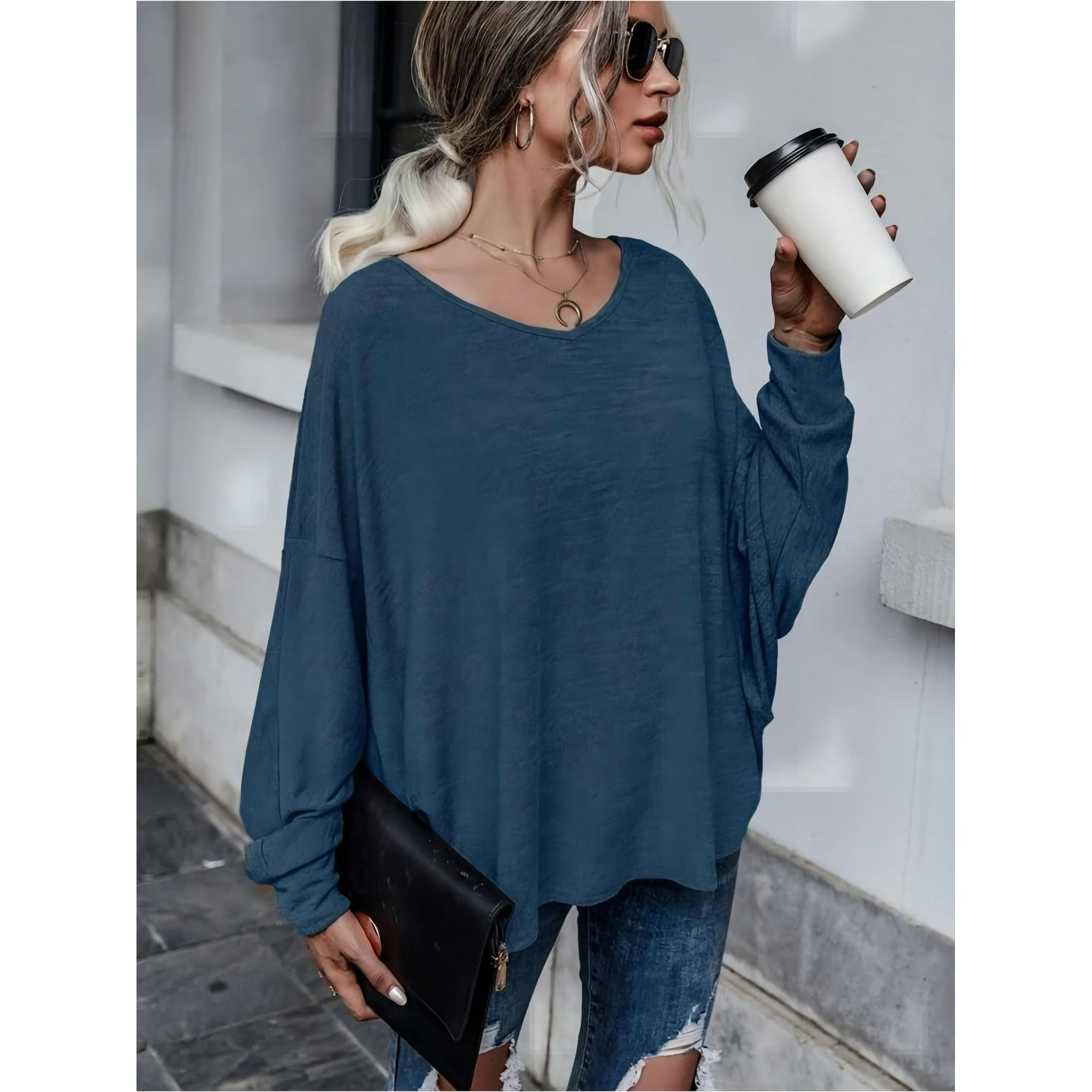 INFITTY Women Long Sleeve Shirts T-Shirt Backless Crewneck Loose