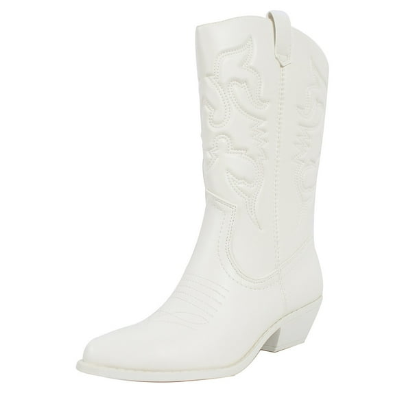 Soda Women's Faux Leather Cowboy Mid Block Heel Boots, White , 7 M US