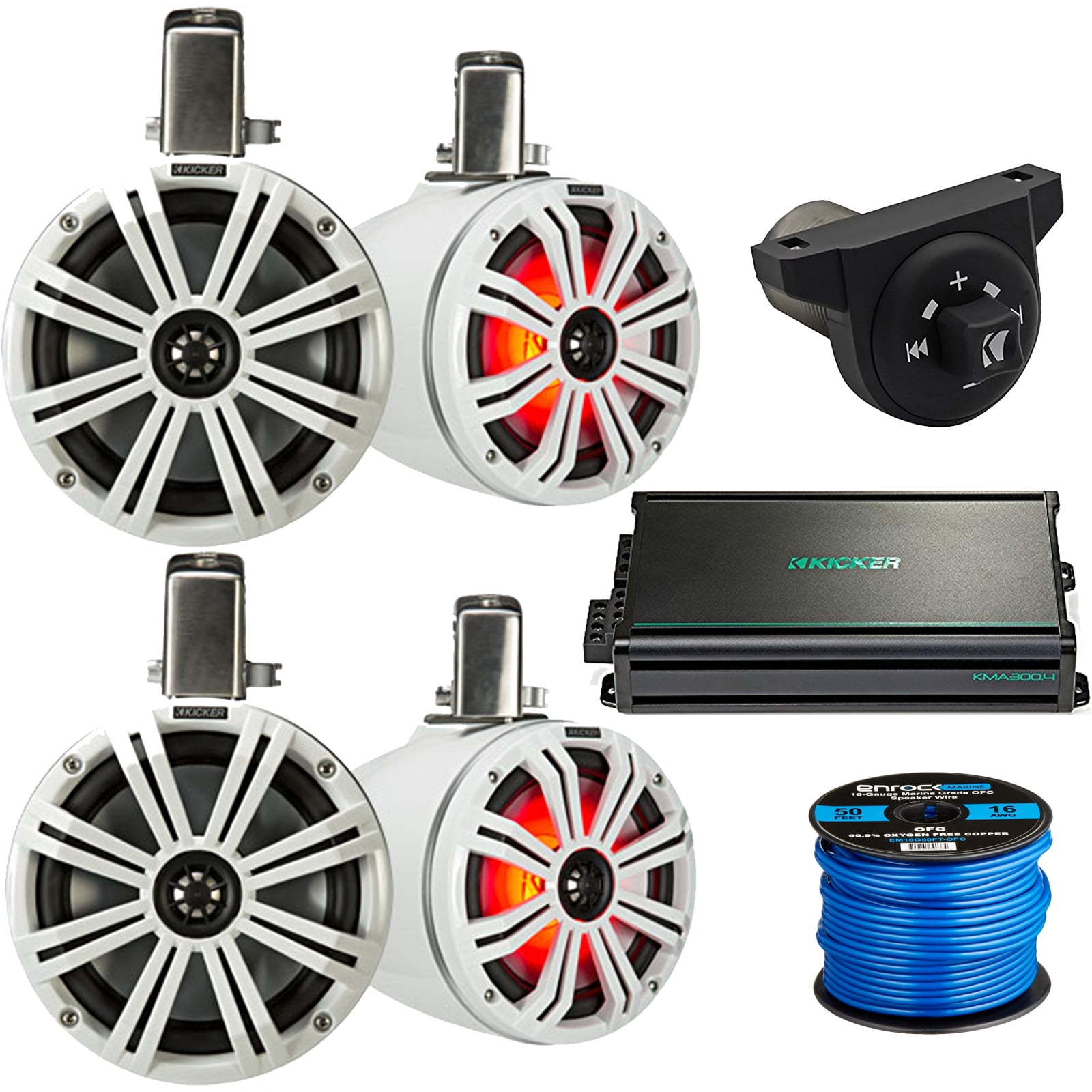 4 x Kicker 8" LED Loaded Marine Can Coaxial Speakers w/ White Grill on