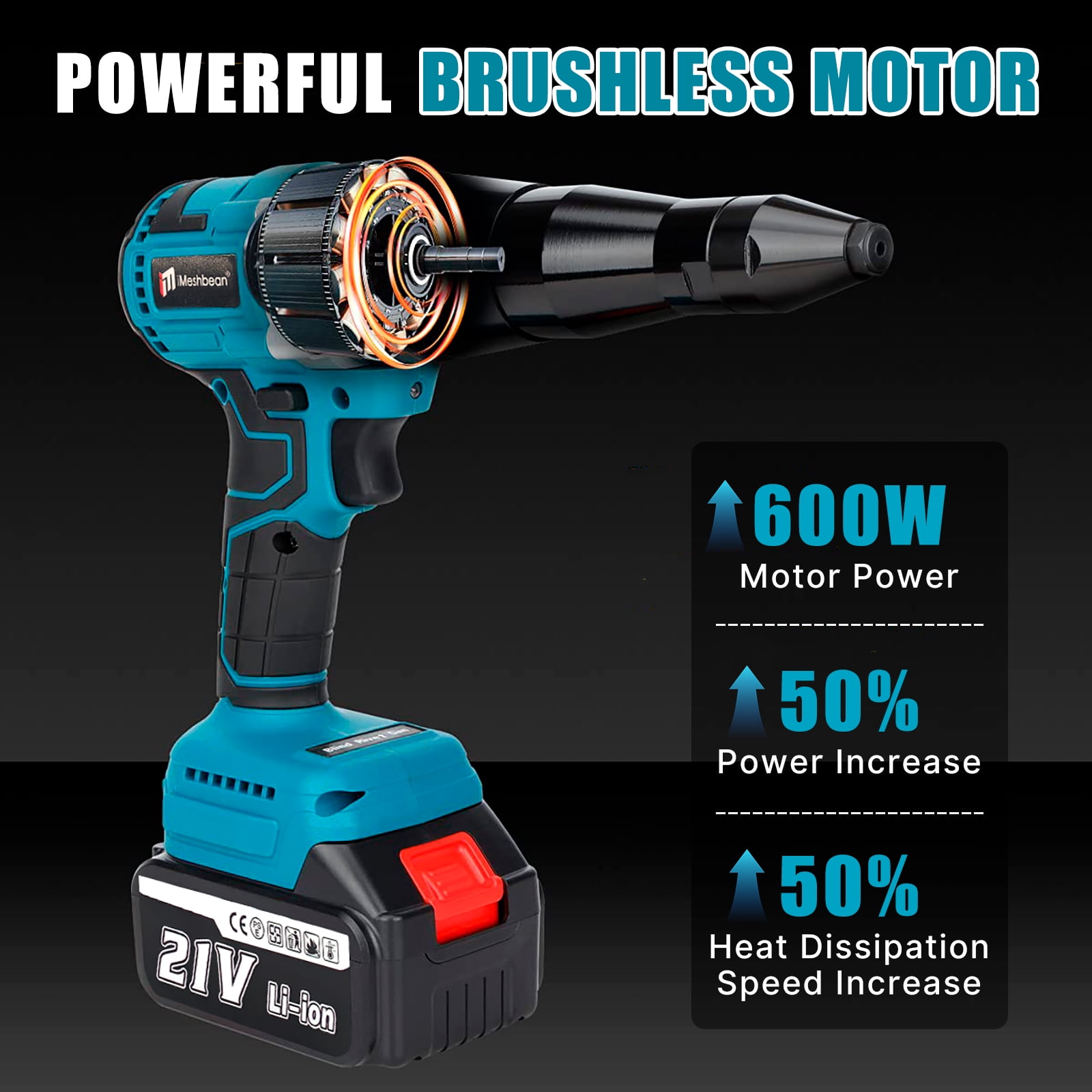 iMeshbean Cordless Rivet Gun Tool, 21V Electric Automatic Brushless Blind Riveter Professional Kit with 2 x3.0Ah Battery & Charger for Stainless Steel, Steel, Aluminum Rivets