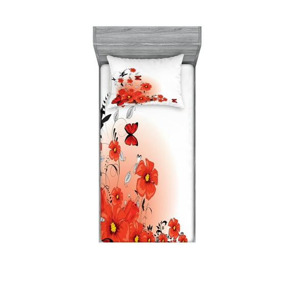 Ambesonne Flower Fitted Sheet & Pillow Sham Set, Cartoon Poppy Fresh Art, Twinxl, Red White Black