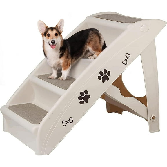 RONG-3 Dog Stairs - Pet Stairs with 4-Step Design for Beds, Couches, Cars - Pet Steps for Puppies, Kittens, and Small Pets ,Beige