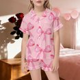 thumbnail image 4 of Toddler Satin Girls Pajama Set Valentines Day Pajama Short Sleeve Bow Print Button Down Loungewear Pajama Set for Girls 3-4 Years, 4 of 4