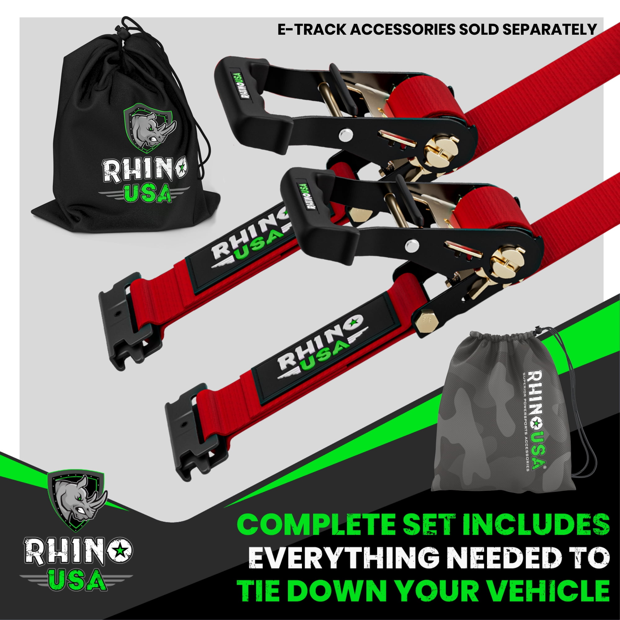 Rhino USA E Track Ratchet Tie Down Straps (4,500lb Break Strength) - w/ (2) Premium 2" x 16' eTrack Tie Down