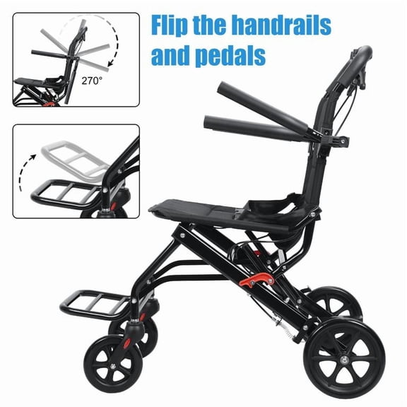 Transport Wheelchair Foldable for Adults, Lightweight Carbon Steel Wheelchair with Large All-Terrain Wheels, Shock-Absorbing Springs and Safety Belt for Secure Comfortable Ride