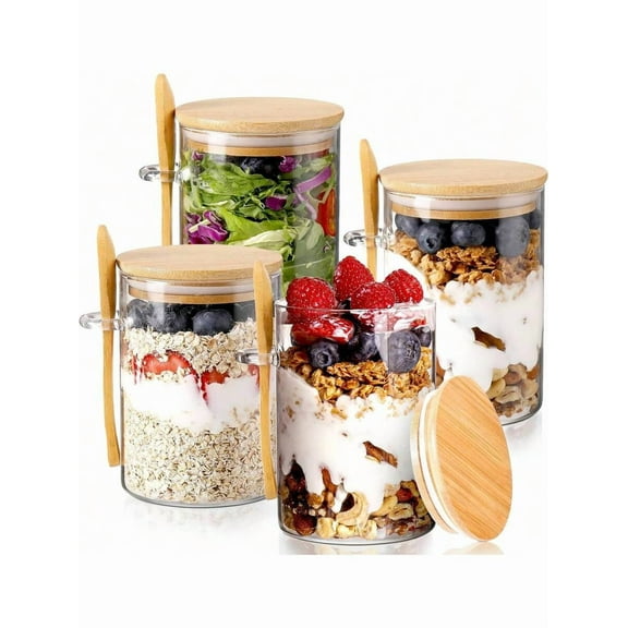 4-Pack Overnight Oats Jars with Spoon and Lid, 16oz Glass Meal Prep Jars for Oatmeal, Chia Pudding and Yogurt Parfait, Airtight Breakfast Cup Set