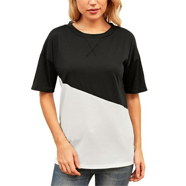 Femmes T-shirt Couleur Bloc Chemise Courte Fille Manches Courtes Top Col Rond, Noir, XL