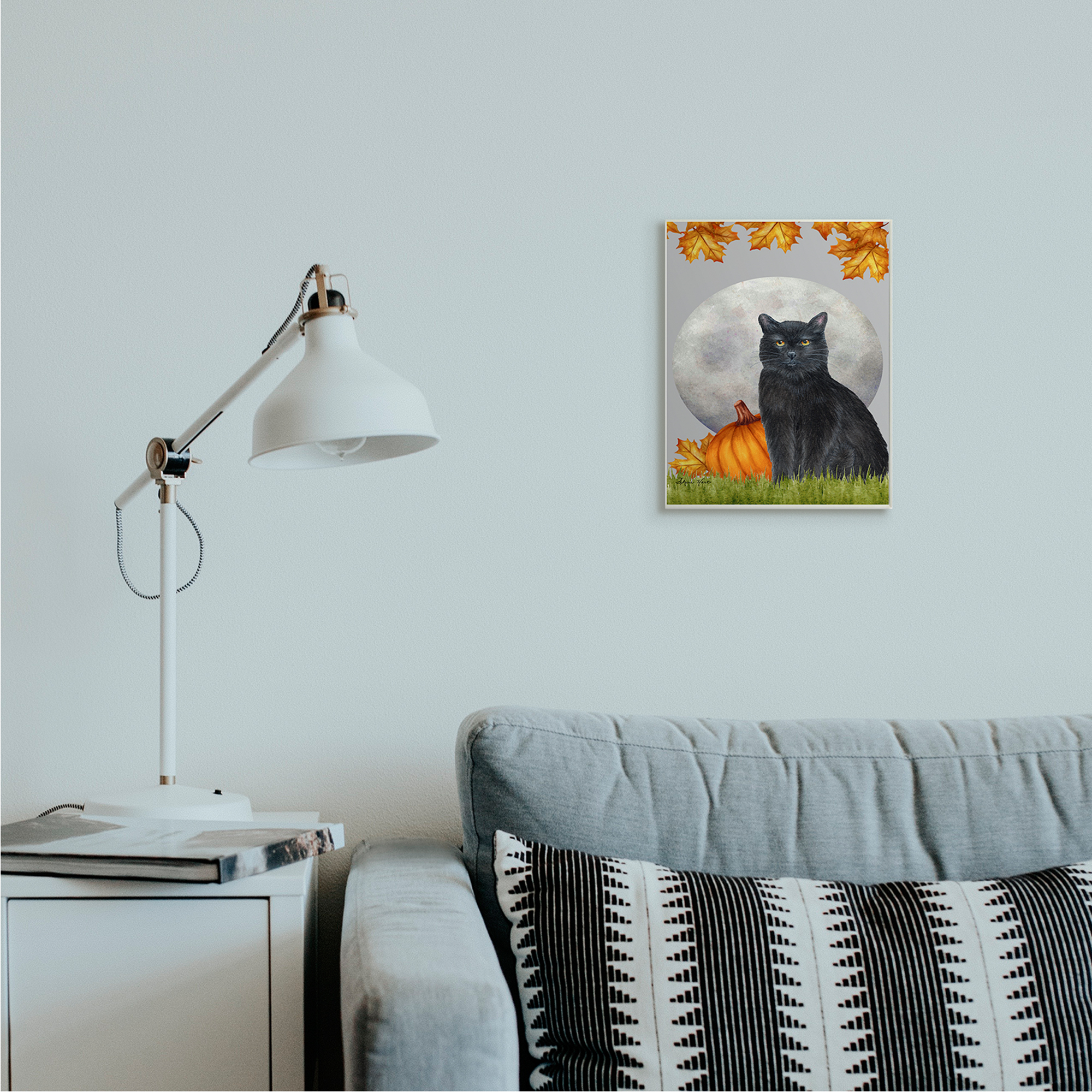 Stupell Industries Black Cat and Full Moon Autumn Leaves Pumpkins Graphic Art Unframed Art Print Wall Art, 10x15, by Sheri Hart