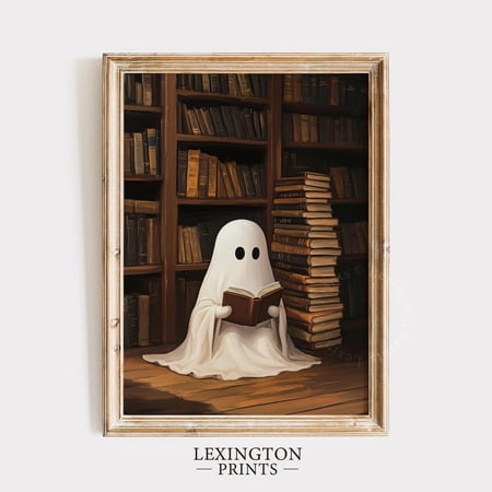 Library Ghost Reading Dark Academia Vintage Book Wall Art Print Eye Catching Decorative Theme For Home Bedroom And Office Decor
