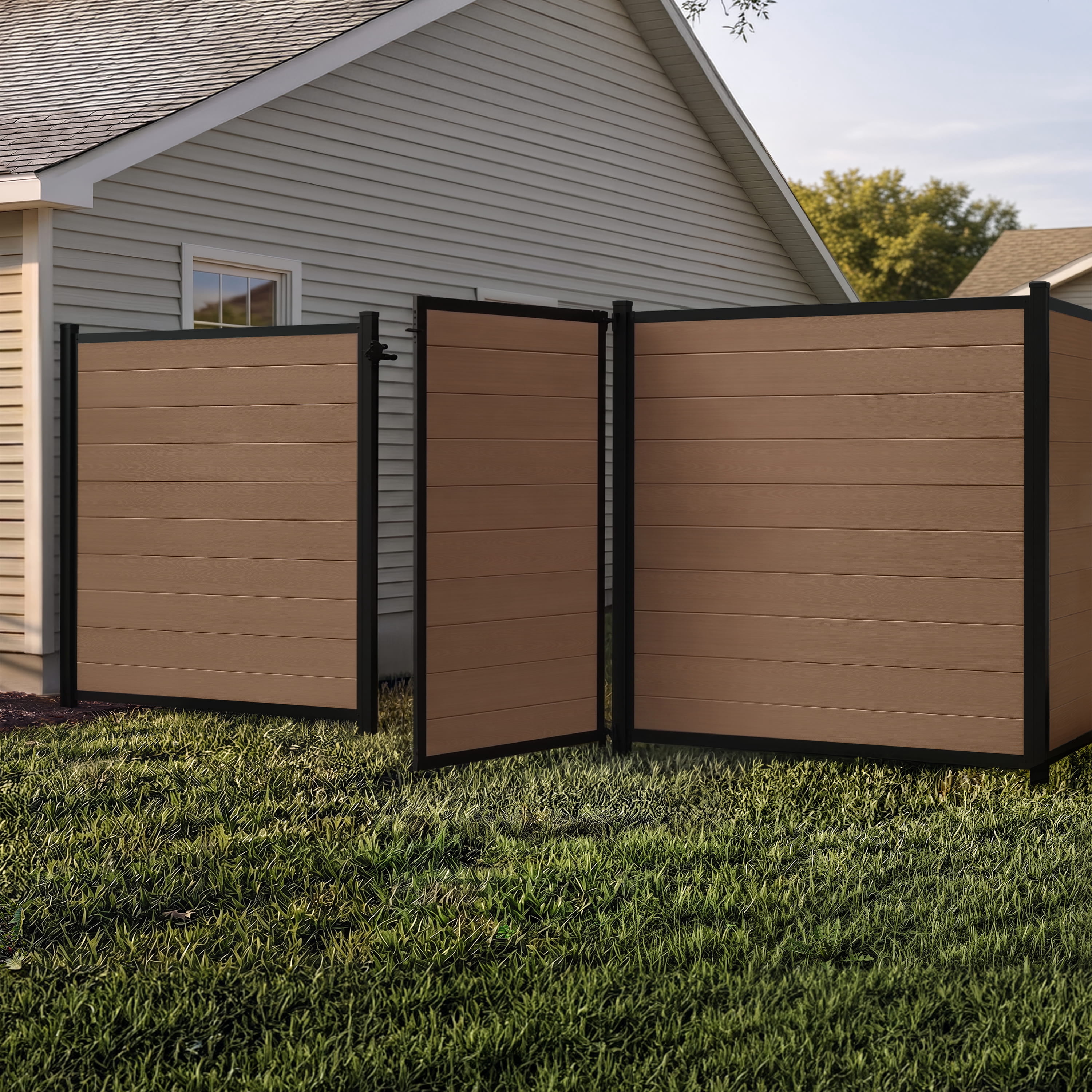 6ft H x 4ft W WamBam Privacy Fence Gate, Composite Fence Gate Kit with Aluminum Frame, Woodgrain Boards, No-Dig Install, UV Resistant Outdoor Gate for Backyard Patio or Pool, Walnut Brown BL19116