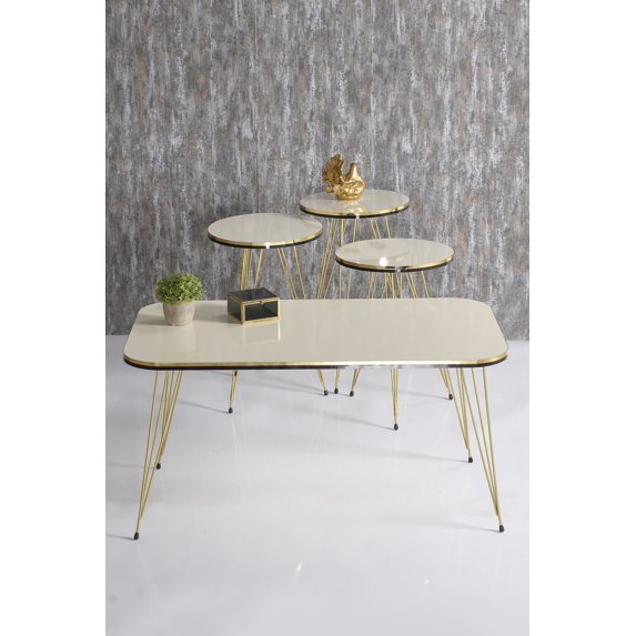 Cream White Table Set with 4 PCS,Rectangular Coffee Table Set of 3 Modern Round Nesting Coffee Tables,Coffee Table with Gold 3-Rod Metal Legs,Stacking Side Tables With Gold/Black Side Details