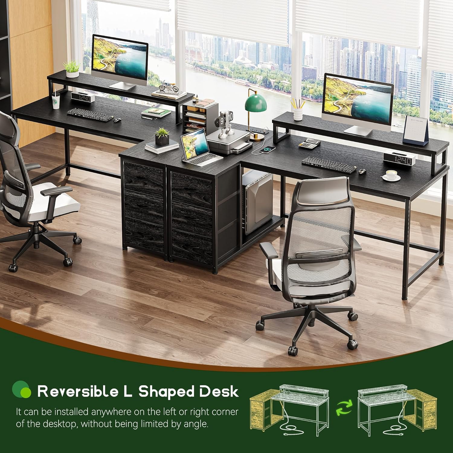 Gaming Desk with LED Lights & Power Outlet, 40Inch L Shaped Computer Desk with Drawers, Small Desk Home Office Desks with Monitor Stand for Gaming,Study Room,Home Office,Bedroom,Black