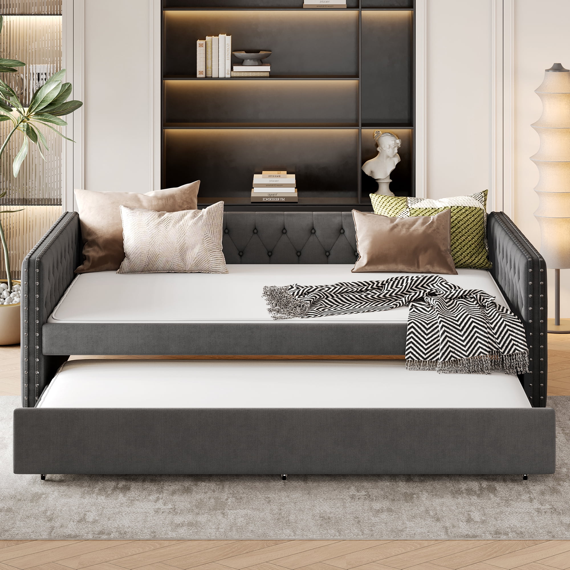 Full Size Upholstered Daybed with Trundle,Tufted Sofa Bed with Button & Copper Nail on Square Arms,Gray