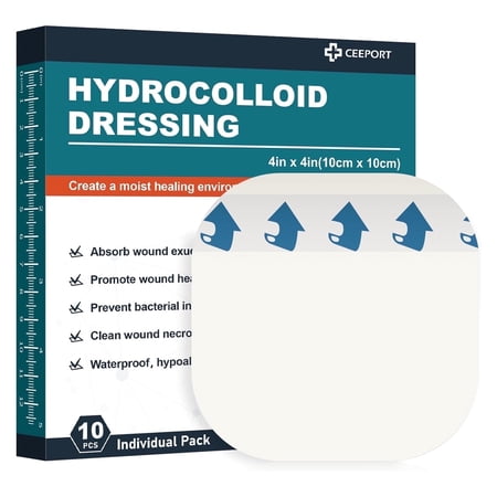 Ceeport 10 Pack Hydrocolloid Wound Dressing 4 x 4 Ultra Thin Hydrocolloid Bandages with Self-Adhesive Waterproof Hydrocolloid Patch for Bed Sore Mild Burn Blister Acne Care