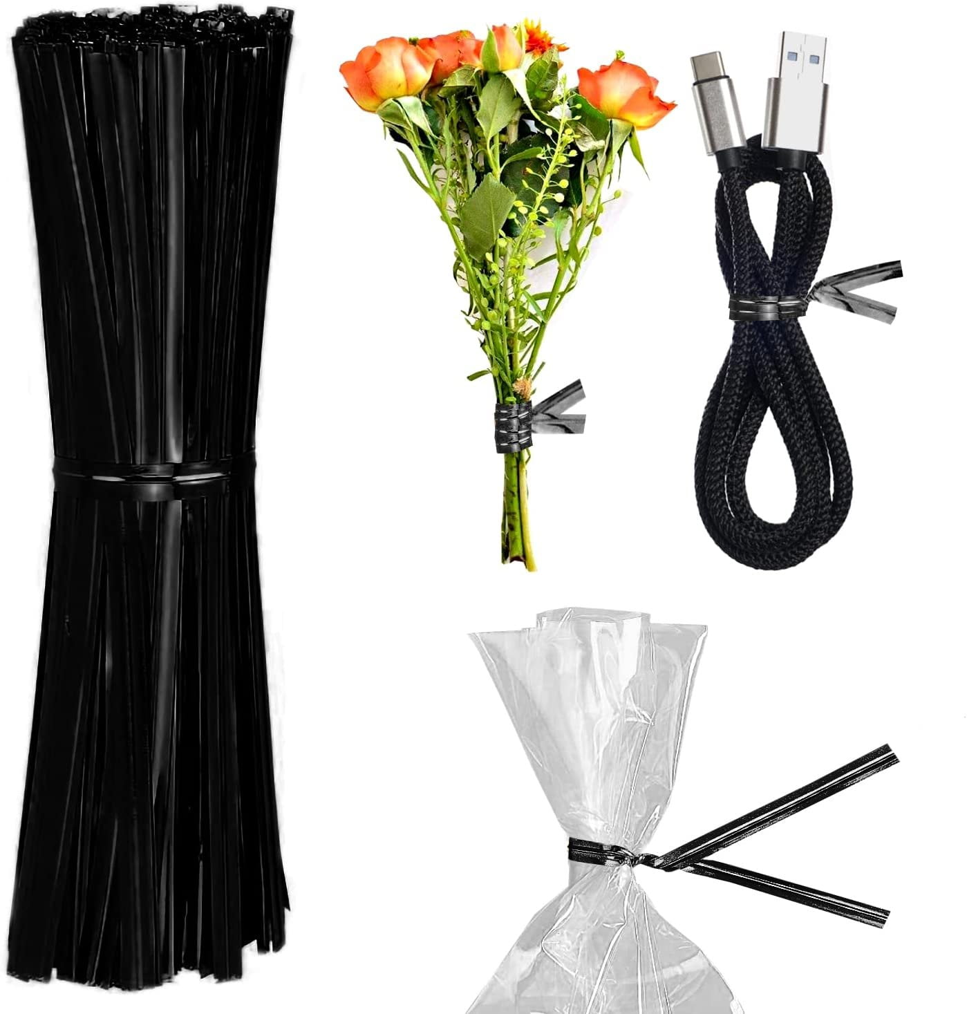 Black Twist Ties for Bags 4", Plastic Bread Ties 1000 Pack, Bendable