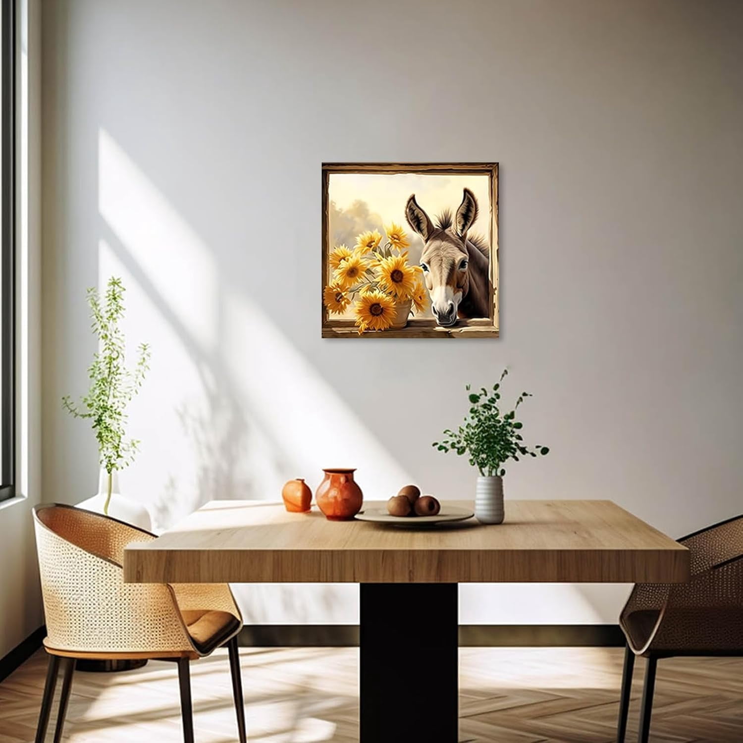 ZHONGYUTONG Funny Donkey Canvas Prints Yellow Sunflower Wall Art Vintage Farm Animal Flowers Poster Pictures for Rustic Farmhouse Bathroom Decor (18.00" x 18.00")