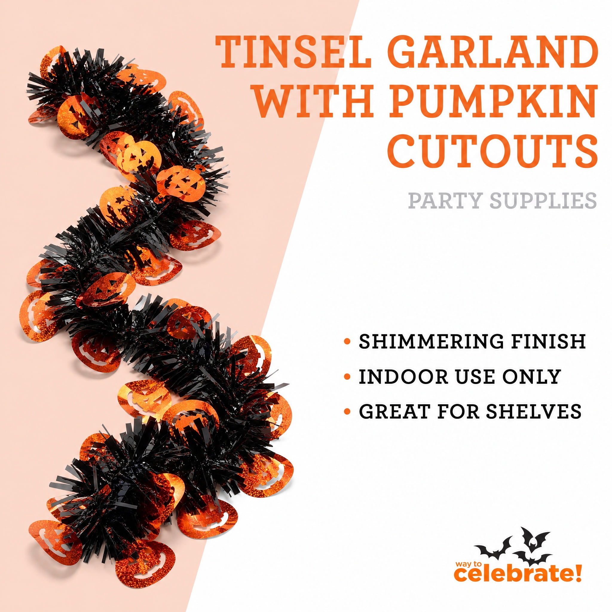 Tinsel Garland with Pumpkin Cut-Outs, Orange and Black, 12', Halloween by Way To Celebrate