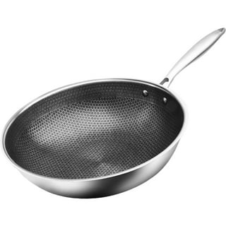 CATHYLIN 14 Honeycomb Non Stick Wok Pan Stainless Steel Stir-fry Wok with  Lid,Skillet with Stay-cool Handle PFOA Free Suitable for Induction