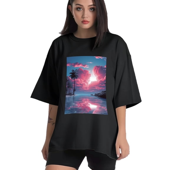 Plus Size Shirt for Women Black Tops for Women Short Sleeves Shirt for Women Vintage Landscape T Shirt Crewneck Shirt for Women XS