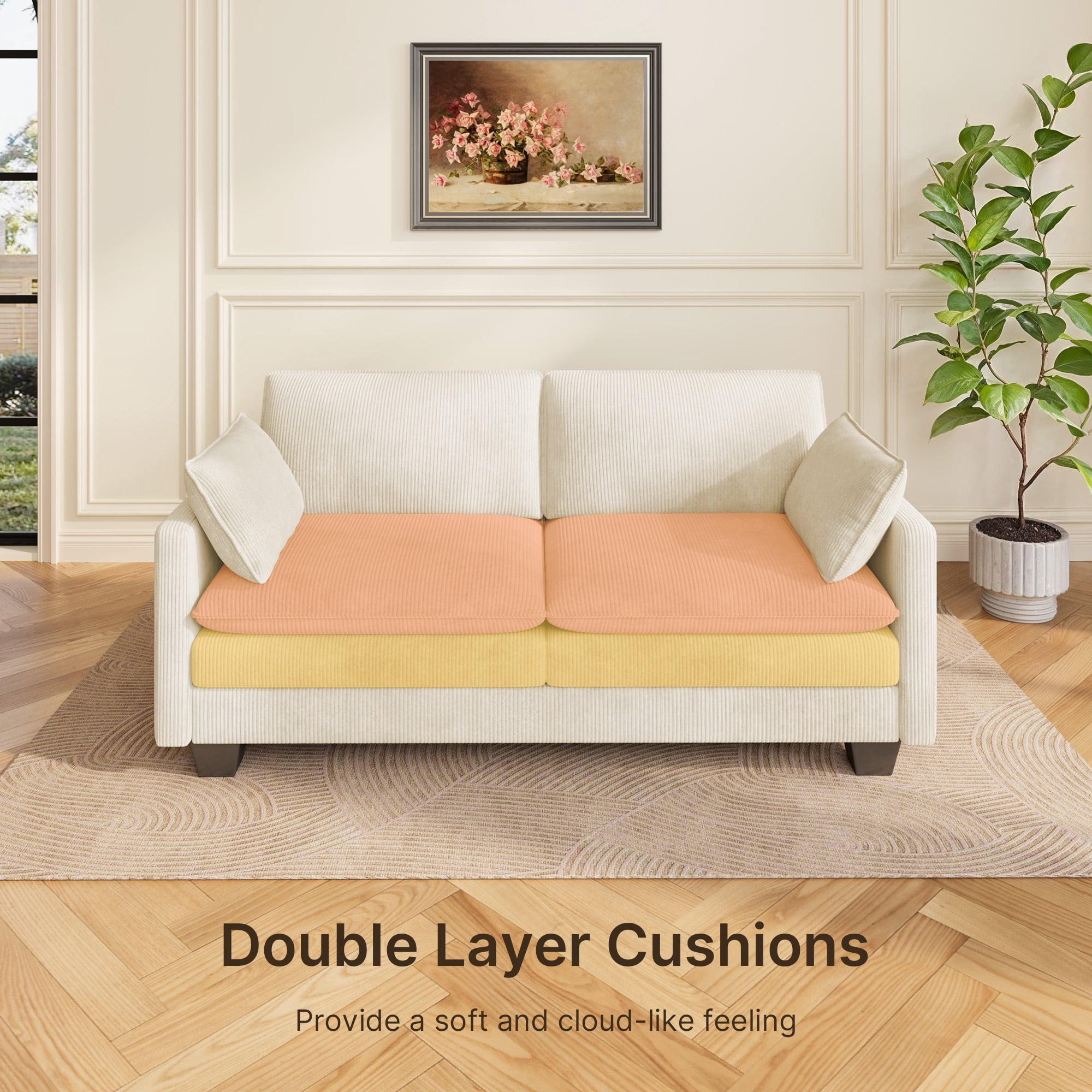 2-Seater Cloud-Like Loveseat Sofa - Double-Layer Upholstered Cushions, Pet-Friendly Corduroy Couch for Bedroom, Living Room & Apartment, Beige