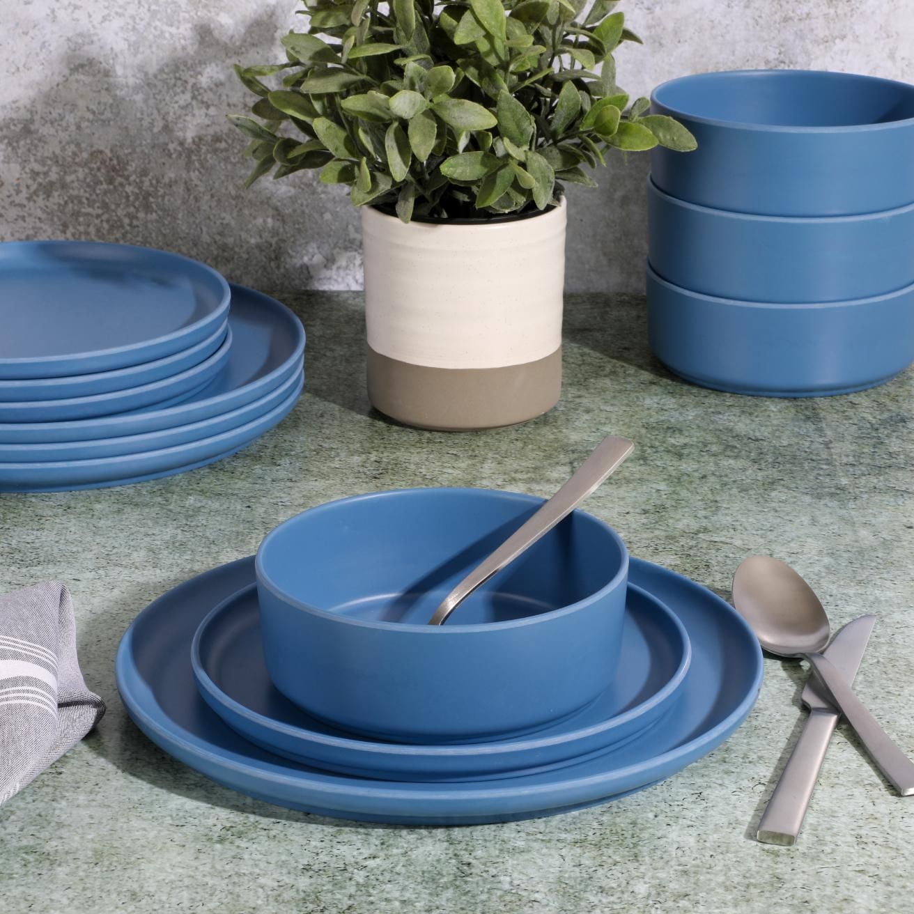 Gibson Home Canyon Crest 12 Piece Melamine Dinnerware Set, Dark Blue, Matte Finish