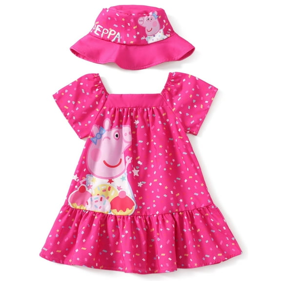 Peppa Pig Toddler Girls Dress with Hat 2 Pcs Sets Pink Graphic Square Neckline Dresses Sizes 2-6