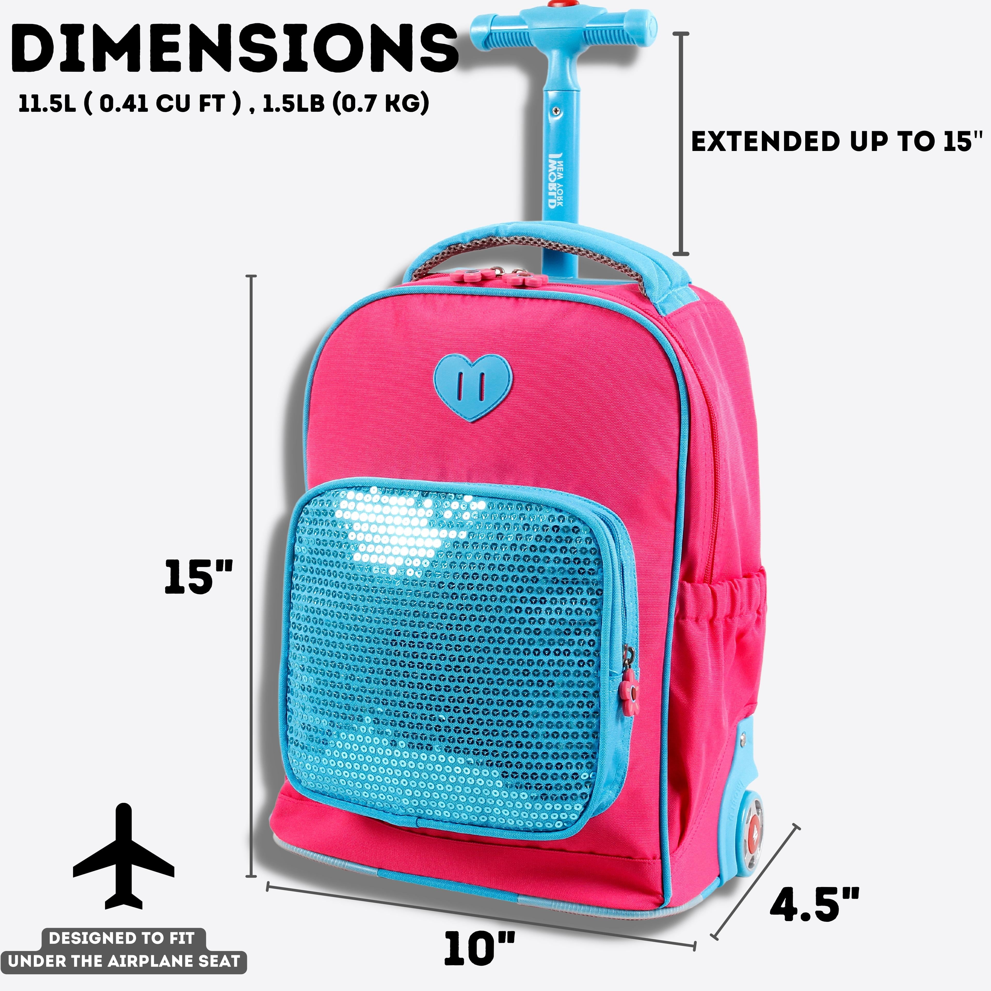 J World Girls Sparkle 15" Kids Rolling Backpack for School and Travel, Pink