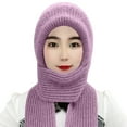 thumbnail image 2 of Women's Scarf Hat Integrated, Plush Lined Knit Beanie with Neck Warmer, Windproof Cold Weather Ear Flap Hat, Thermal Winter Cycling Cap, Unisex Winter Accessory - Pink, 2 of 4