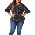 thumbnail image 1 of Blusa de mujer de tallas grandes GRACE & GRANDEUR con volantes en el frente, mangas fruncidas, cuello en V, color sólido, casual, talla 2X, negra, 1 of 1