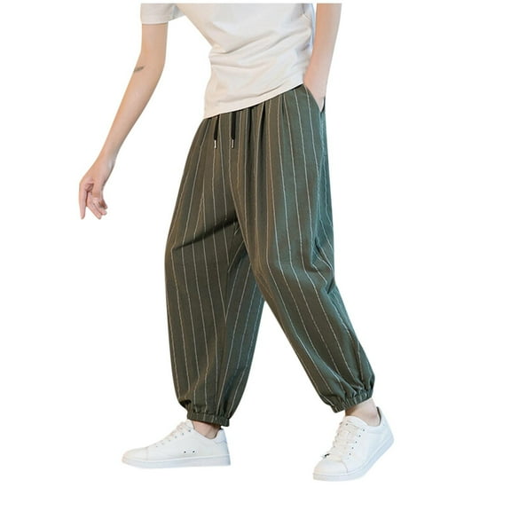 Xzbqbs Men's Harem Pants Casual Elastic Waist Drawstring Striped Cropped Trousers Lightweight Loose Beach Yoga Pants with Pocket