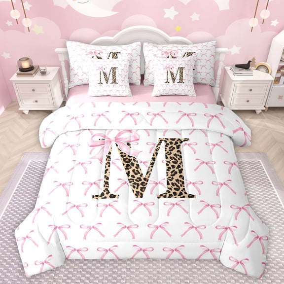 Castle Fairy Boys Girls Letter Monogrammed M Twin Bedding Sets 7-Piece,Kawaii Pink Bow Bedding Comforter Set Microfiber,Animal Leopard Print Breathable Sheet Sets,Breathable Home Decor,Reversible