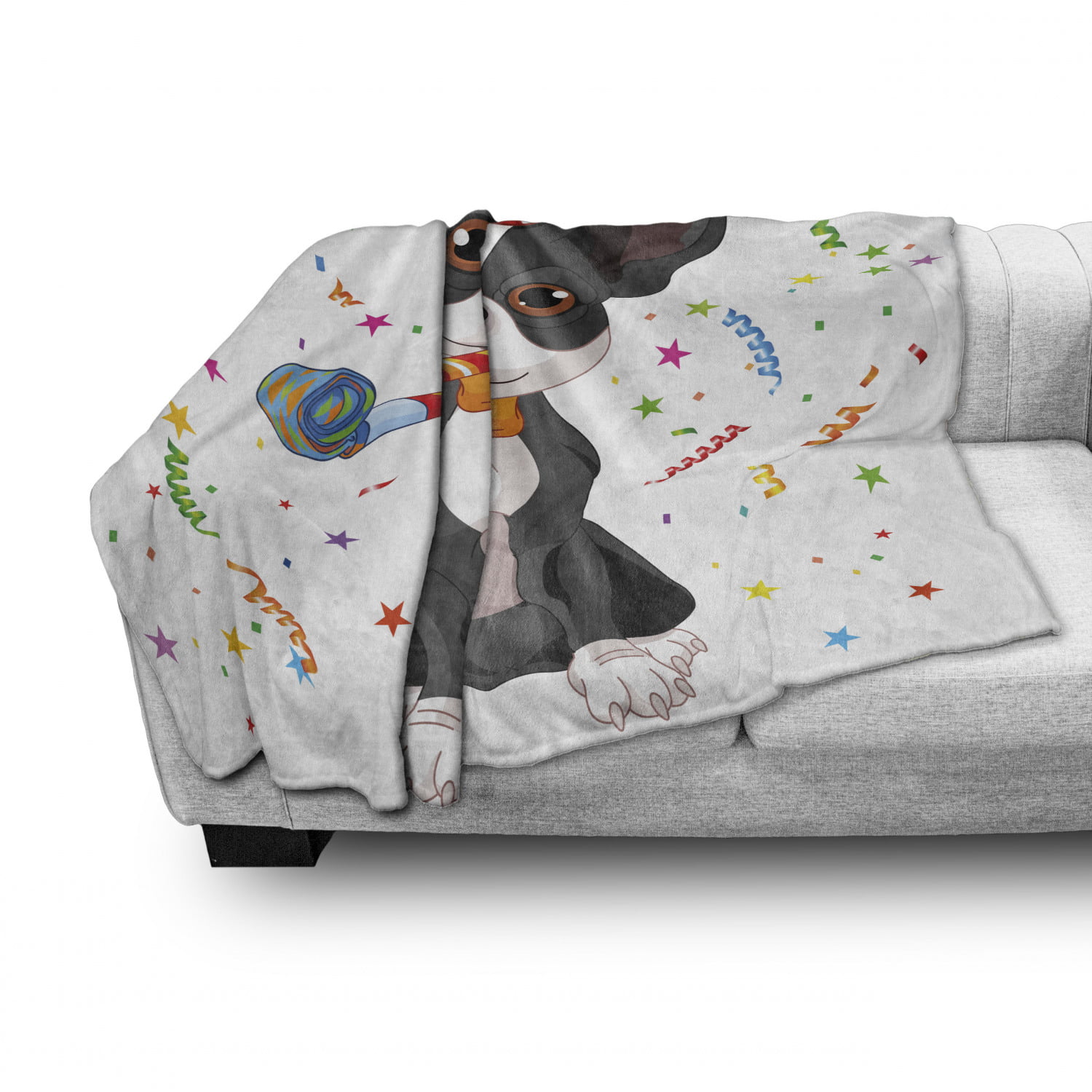 Ambesonne Boston Terrier Soft Flannel Fleece Throw Blanket Party Puppy Celebrating His Birthday on Colorful Stary Background Multicolor Cozy Plush for Indoor and Outdoor Use 60 x 80 