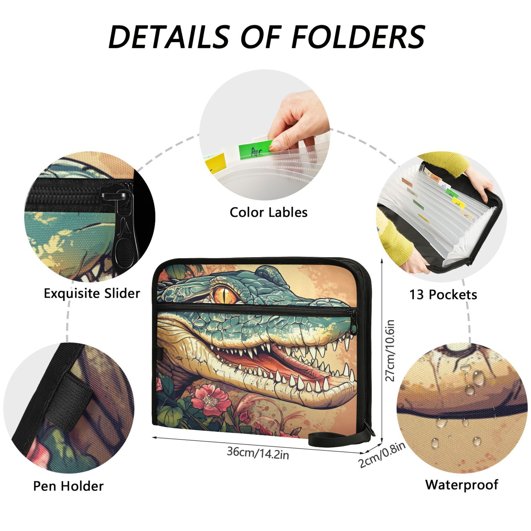 WOBOGO Crocodile Illustration in Realistic Style Expanding File Folder Letter Size Accordion Filing Organizer 13 Pocket Separate Organ Pocket