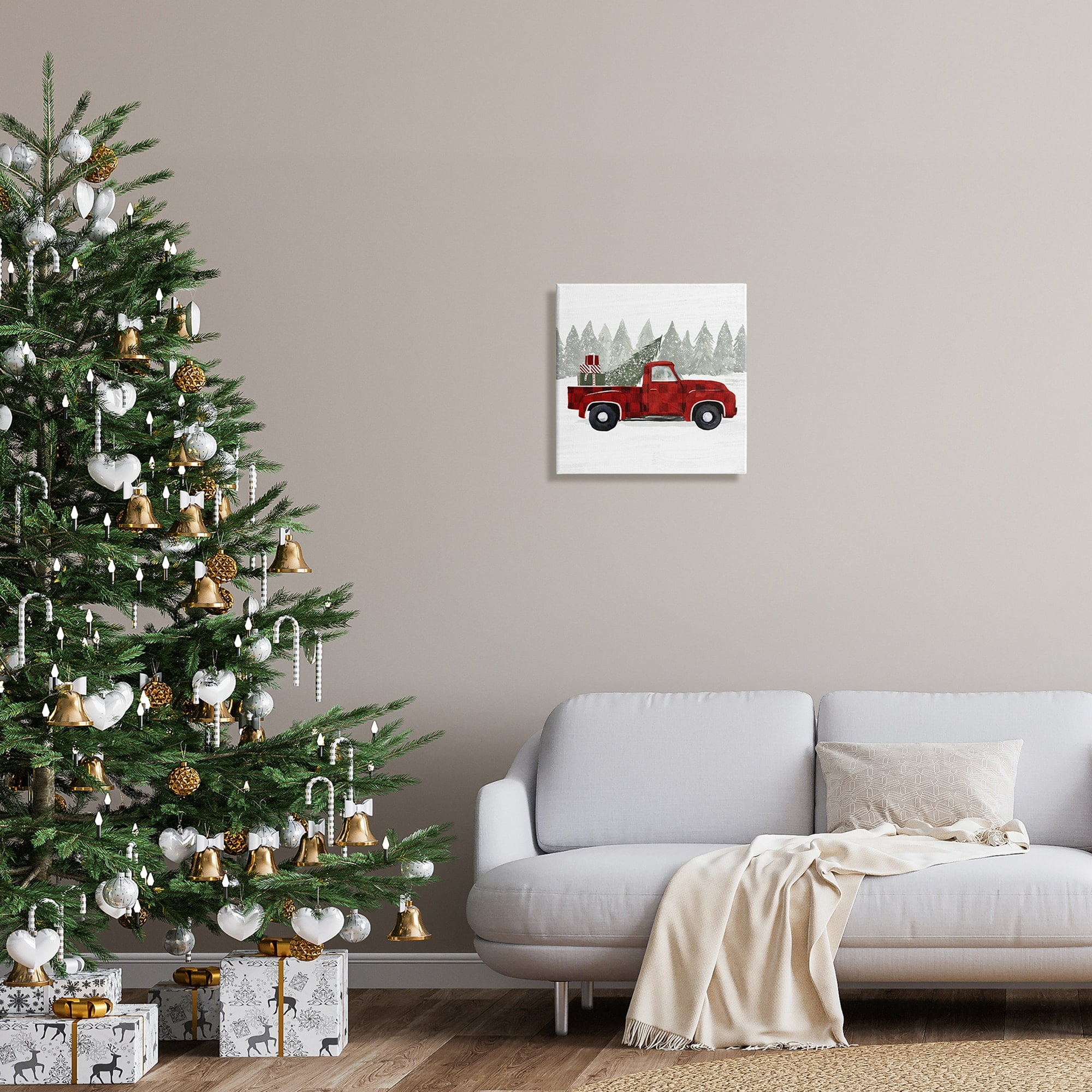 Red Buffalo Plaid Vintage Truck Christmas Tree Snowfield Transportation Painting Gallery-Wrapped Canvas Print Wall Art