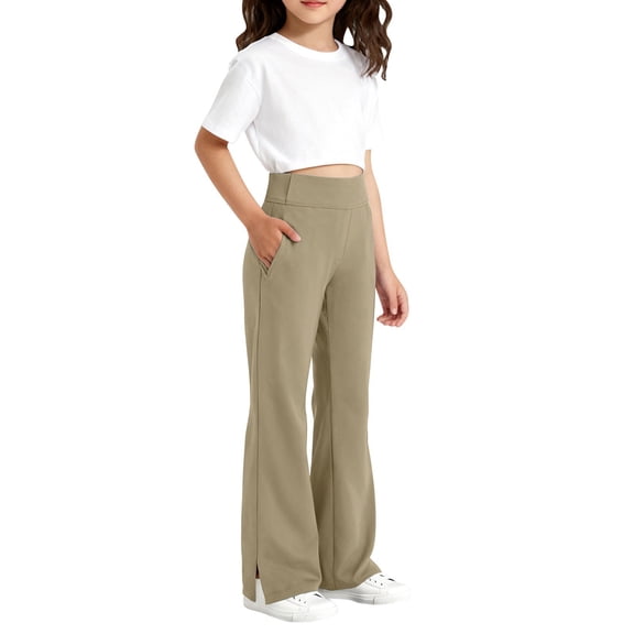 Dwellite Girls Flare Dress Pants for Kids School Uniform Bell Bottoms with Elastic Waist for Teens,2-13 Years Khaki 150