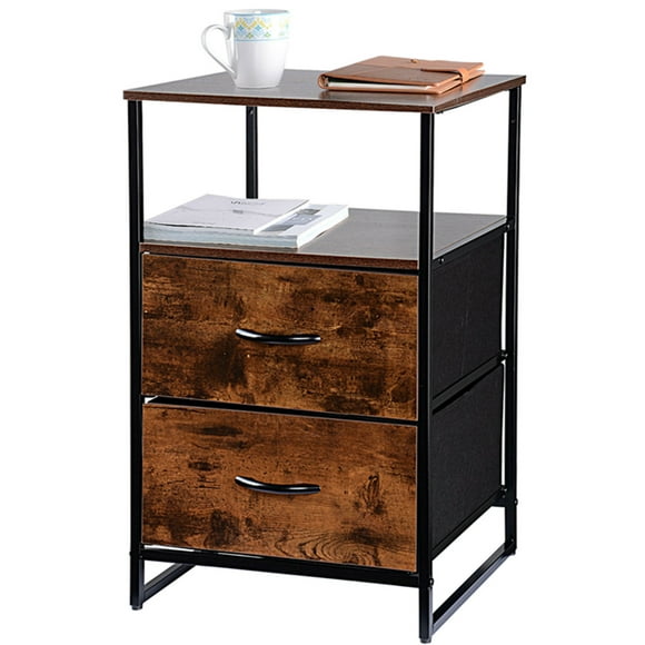 Nightstand Bedside Table, Metal Frame and Wooden Style End Table Storage Cabinet Sofa Side Table with 2 Drawers and Shelf for Living Room Bedroom