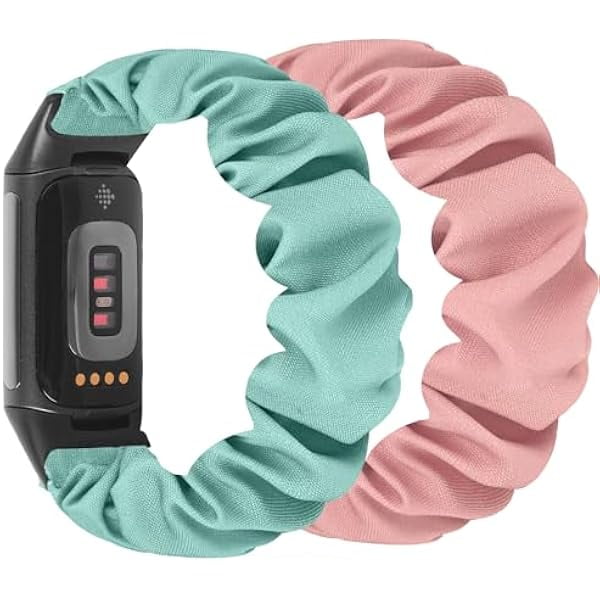 wonima11 2Pcs Women Men Scrunchie Elastic Braided Solo Loop Stretchy Straps Nylon SportBand Wristband For Charge 5 (Medium, Green+Pink)