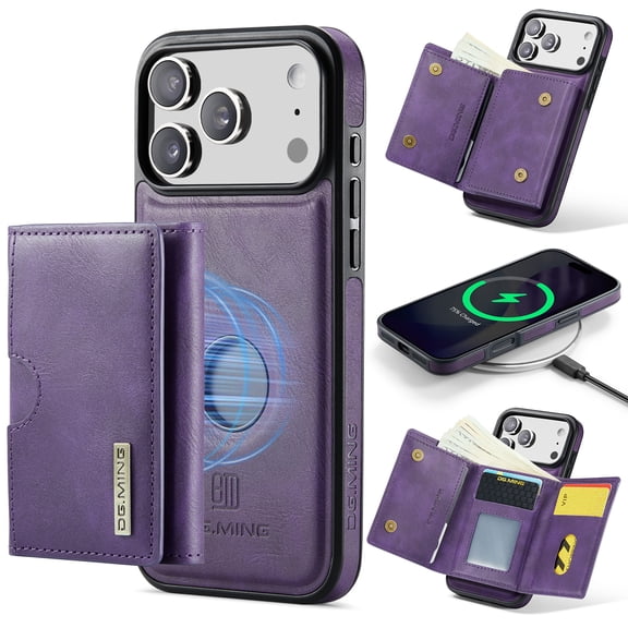 Dteck 2 in 1 Detachable Magnetic Wallet Case for iPhone 17 Pro, Shockproof RFID Blocking Wallet Card Slots Protective Phone Cover, Purple